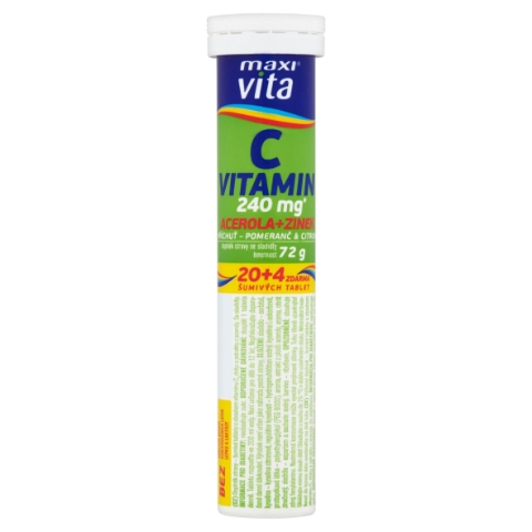 Maxi Vita Vitamin C 240 mg acelora+zinek příchuť pomeranč & citron 24 šumivých tablet 72g