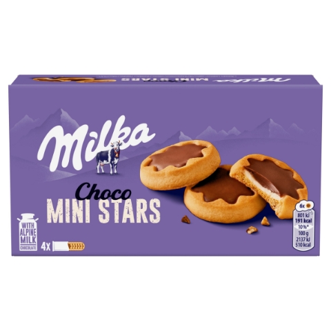 Milka Choco Mini Stars sušenky s mléčnou náplní polomáčené mléčnou čokoládou z alpského mléka 150g