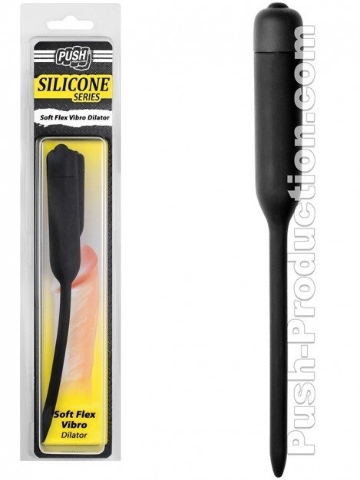 Push Silicone Soft Flex Vibro Dilator M, černý silikonový vibrační dilatátor 205 x 7,5 mm