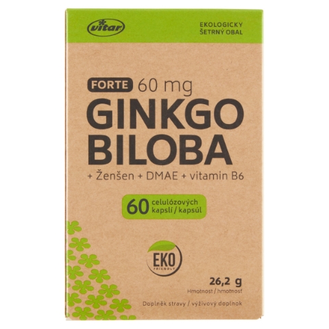 Vitar Forte ginkgo biloba 60mg + ženšen + DMAE + vitamin B6 60 celulózových kapslí 26,2g
