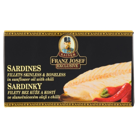 Franz Josef Kaiser Exclusive Sardinky filety bez kůže a kostí ve slunečnicovém oleji s chilli 90g