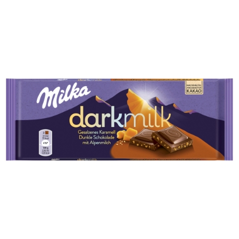 Milka Darkmilk čokoláda s alpským mlékem a kousky jemně slaného karamelu 85g