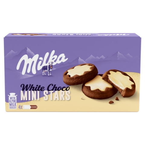 Milka White Choco Mini Stars kakaové sušenky, mléčná náplň a bílá čokoláda 150g