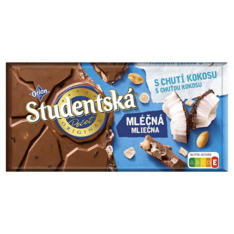 ORION STUDENTSKÁ PEČEŤ mléčná čokoláda s arašídy, želé a kousky s chutí kokosu 170g