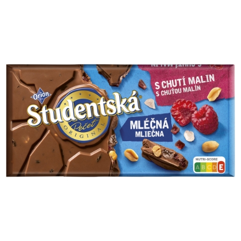ORION STUDENTSKÁ PEČEŤ mléčná čokoláda s arašídy, želé a kousky s chutí malin 170g