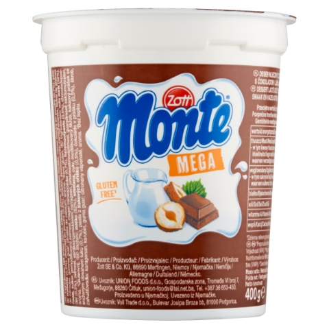 Zott Monte Mega mléčný dezert čokoládový s lískovými oříšky 400g