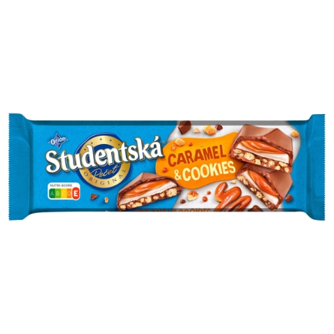ORION STUDENTSKÁ PEČEŤ Caramel & Cookies, čokoláda s kousky sušenek a karamelovou náplní 235g