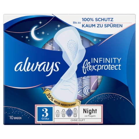 Always Infinity FlexProtect Vložky Velikost 3 Night Křidélka, Neparfemované, 10