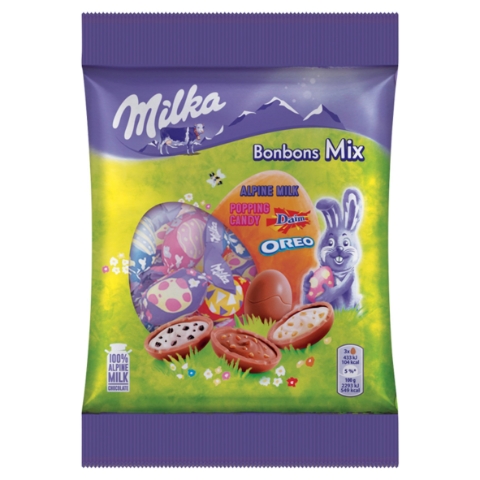 Milka Kolekce mléčné čokolády, plněné mléčné čokolády s mandlovo-karamelovými kousky 132g
