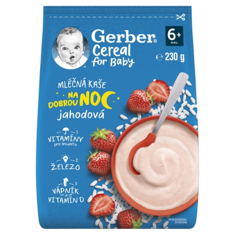 GERBER Cereal mléčná kaše jahodová Dobrou noc 230g