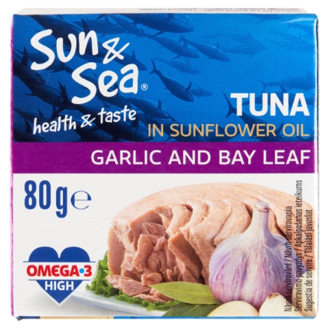 Sun & Sea Tuňák ve slunečnicovém oleji s příchutí česneku a bobkového listu 80g