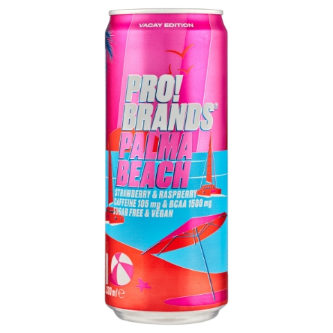PRO!BRANDS Palma Beach sycený energetický nápoj s příchutí jahod a malin 330ml