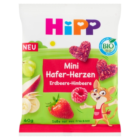 HiPP Bio ovocno-obilná srdíčka jahoda-malina 40g