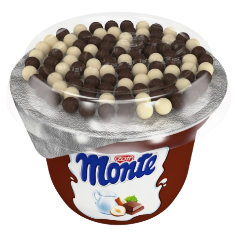 Zott Monte Mléčný dezert čokoládový s lískovými oříšky a cereálními kuličkami v čokoládě 70g