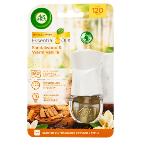 Air Wick Essential Oils Elektrický osvěžovač vzduchu strojek a náplň santalové dřevo a vanilka 19ml