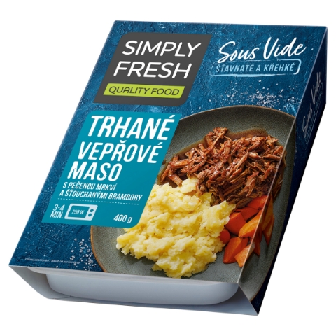 Simply Fresh Sous Vide trhané vepřové maso s pečenou mrkví a šťouchanými brambory 400g